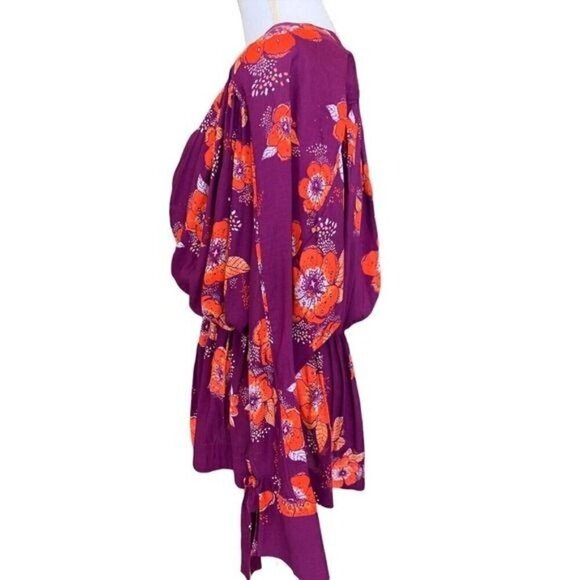 Free People Womens Top XS Tuscan Dreams Purple Orange Floral Tab Roll Sleeves - Picture 6 of 12